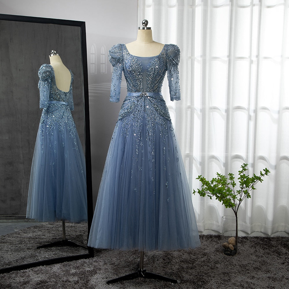 Serene Hill Blue Midi Evening Dress 2025 Luxury Dubai Muslim Ankle Length Arabic Short Wedding Formal Party Gown LA71631A - SERENE HILL