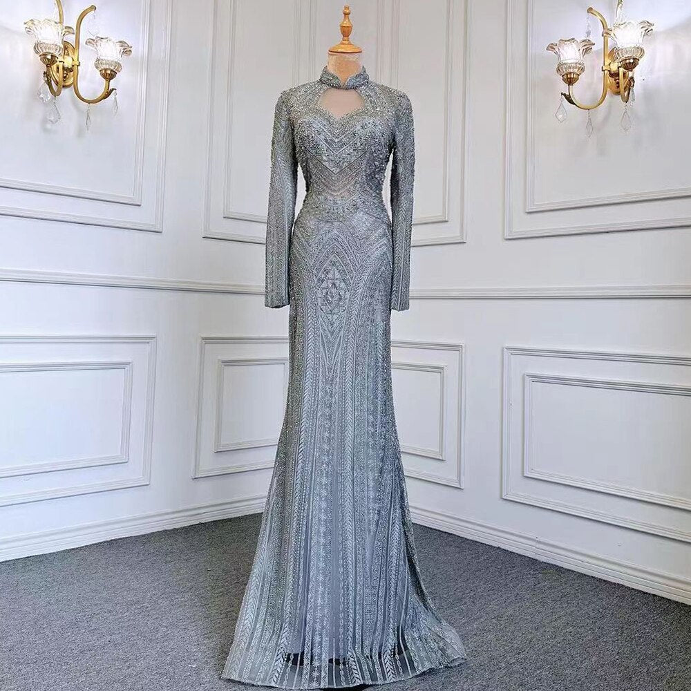 Serene Hill Blue Muslim Mermaid Elegant High Neck Evening Dresses Gowns Luxury Beaded 2025 For Women Party LA71742 - SERENE HILL