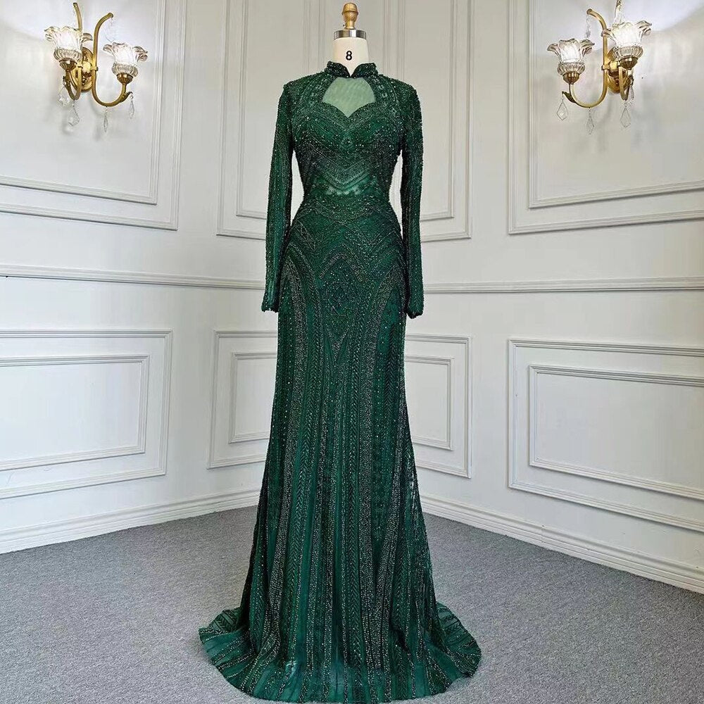 Serene Hill Blue Muslim Mermaid Elegant High Neck Evening Dresses Gowns Luxury Beaded 2025 For Women Party LA71742 - SERENE HILL