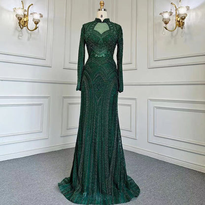 Serene Hill Blue Muslim Mermaid Elegant High Neck Evening Dresses Gowns Luxury Beaded 2025 For Women Party LA71742 - SERENE HILL