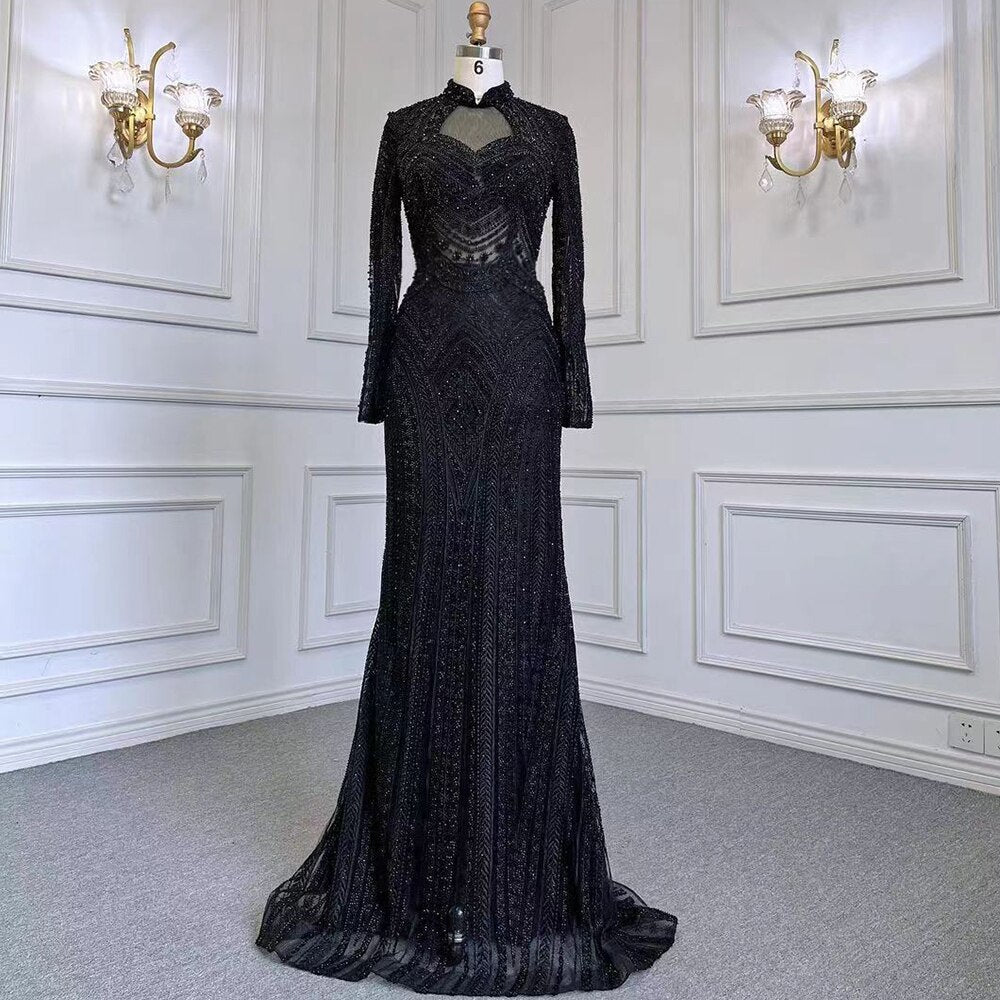Serene Hill Blue Muslim Mermaid Elegant High Neck Evening Dresses Gowns Luxury Beaded 2025 For Women Party LA71742 - SERENE HILL