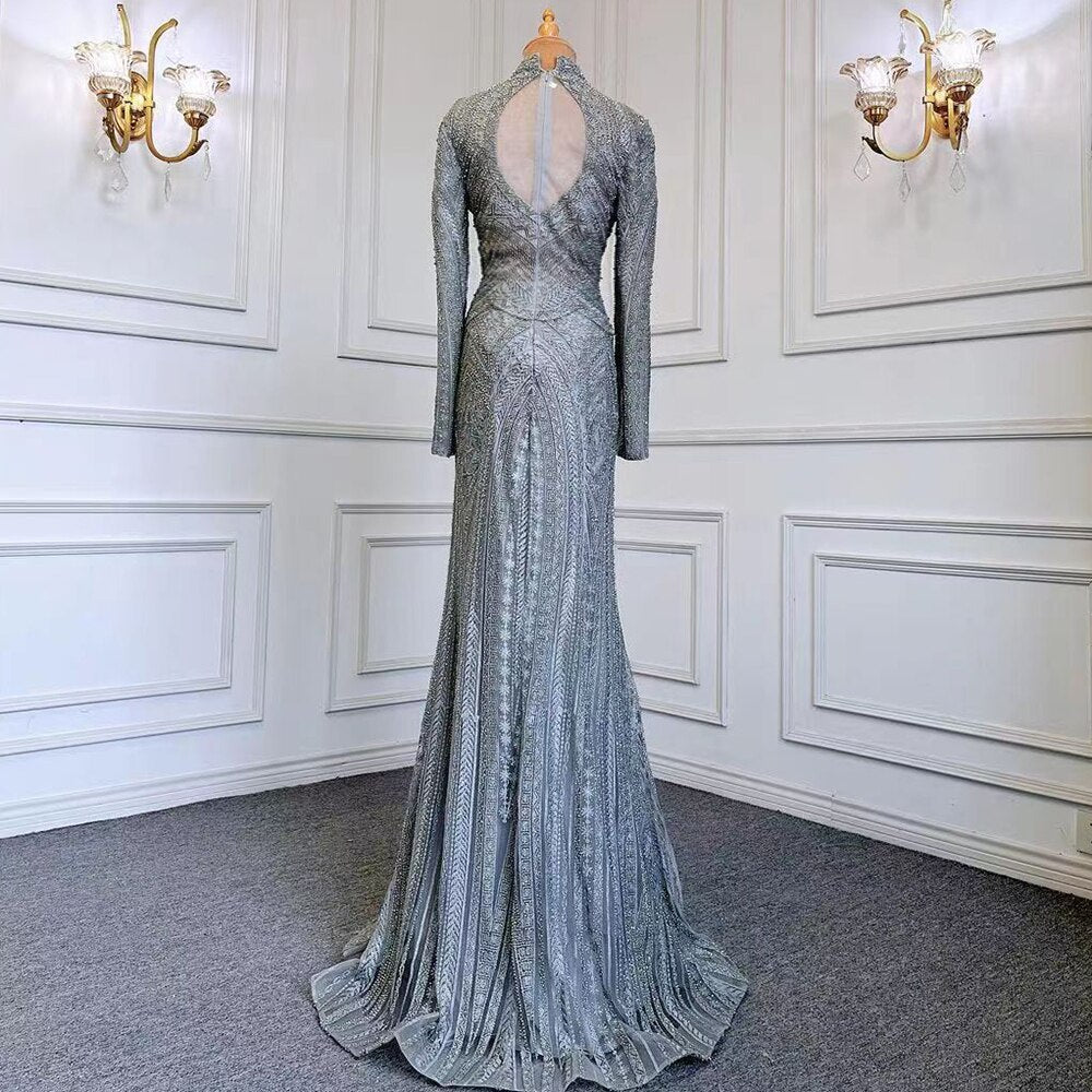 Serene Hill Blue Muslim Mermaid Elegant High Neck Evening Dresses Gowns Luxury Beaded 2025 For Women Party LA71742 - SERENE HILL