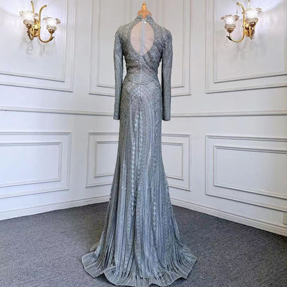 Serene Hill Blue Muslim Mermaid Elegant High Neck Evening Dresses Gowns Luxury Beaded 2025 For Women Party LA71742 - SERENE HILL