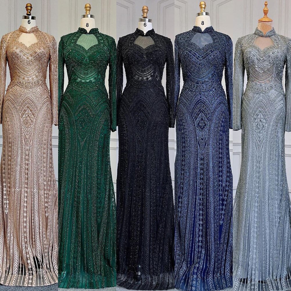 Serene Hill Blue Muslim Mermaid Elegant High Neck Evening Dresses Gowns Luxury Beaded 2025 For Women Party LA71742 - SERENE HILL
