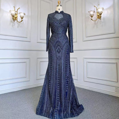 Serene Hill Blue Muslim Mermaid Elegant High Neck Evening Dresses Gowns Luxury Beaded 2025 For Women Party LA71742 - SERENE HILL