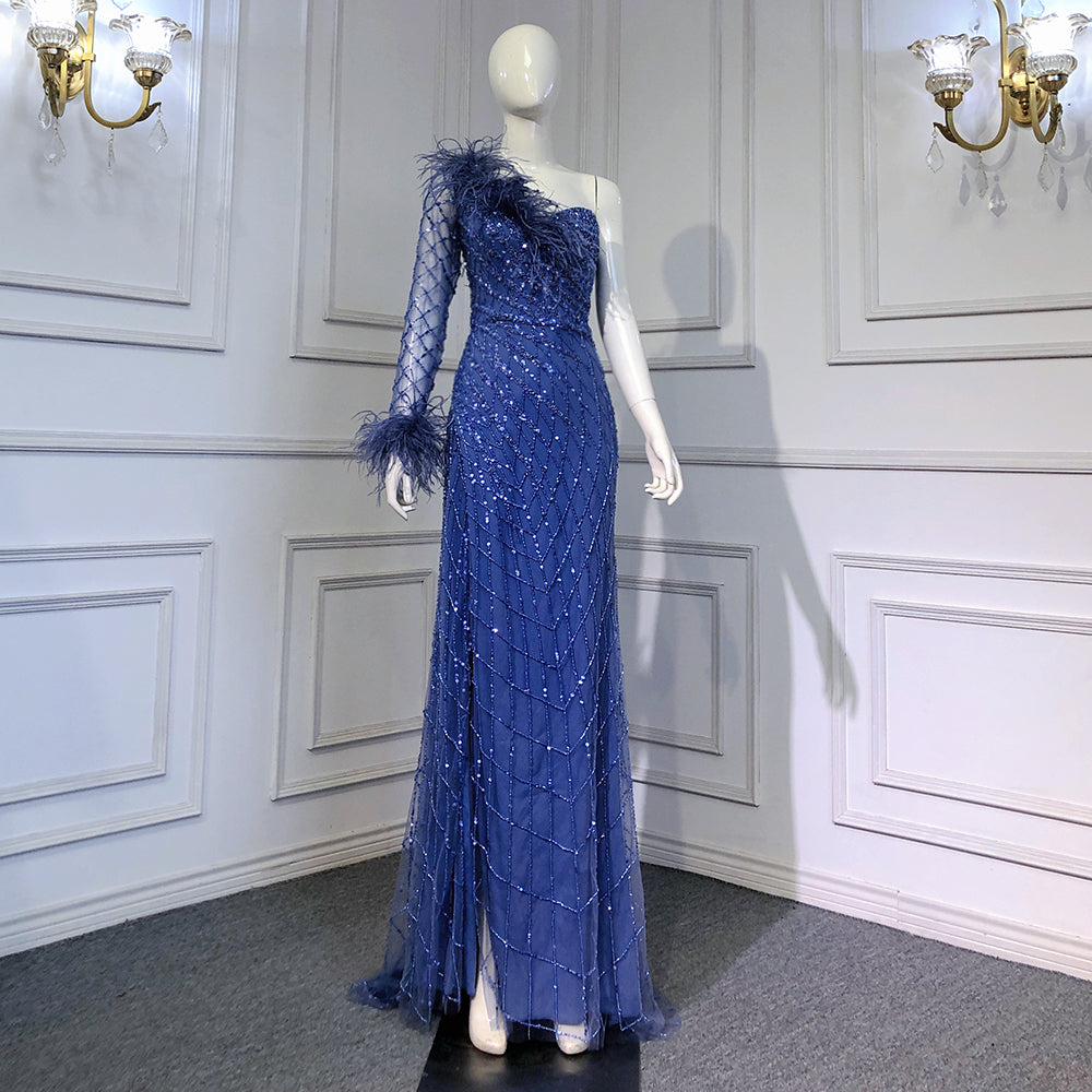 Serene Hill Blue One Shoulder Mermaid Evening Dresses Gowns 2025 Beaded Feather Elegant Luxury For Women Party LA71612 - SERENE HILL