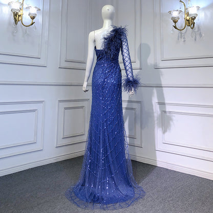 Serene Hill Blue One Shoulder Mermaid Evening Dresses Gowns 2025 Beaded Feather Elegant Luxury For Women Party LA71612 - SERENE HILL