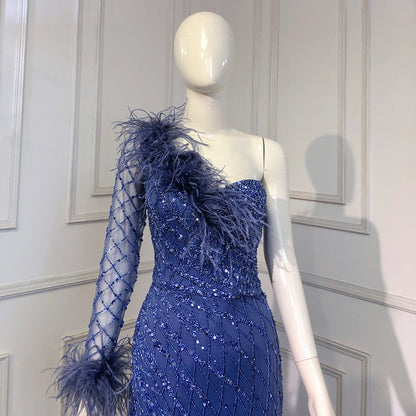 Serene Hill Blue One Shoulder Mermaid Evening Dresses Gowns 2025 Beaded Feather Elegant Luxury For Women Party LA71612 - SERENE HILL