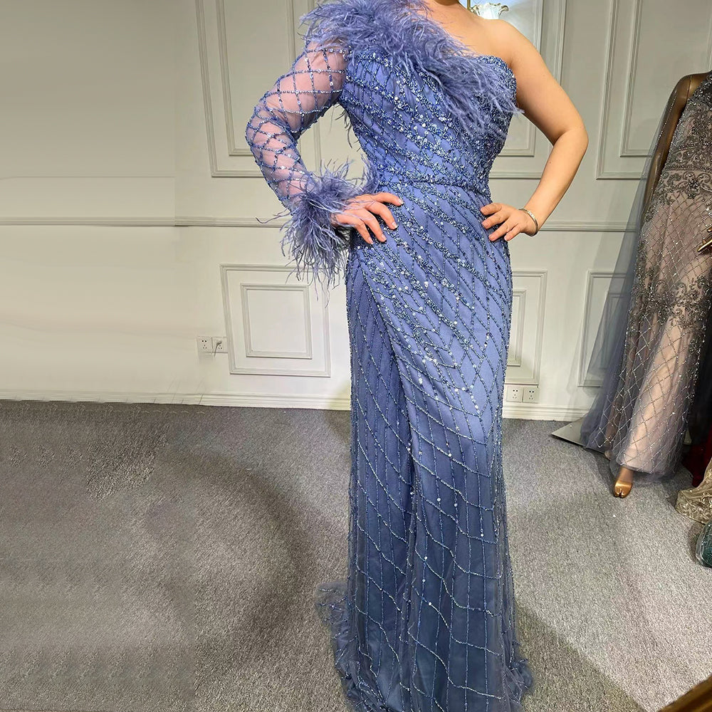 Serene Hill Blue One Shoulder Mermaid Evening Dresses Gowns 2025 Beaded Feather Elegant Luxury For Women Party LA71612 - SERENE HILL