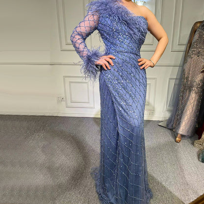 Serene Hill Blue One Shoulder Mermaid Evening Dresses Gowns 2025 Beaded Feather Elegant Luxury For Women Party LA71612 - SERENE HILL