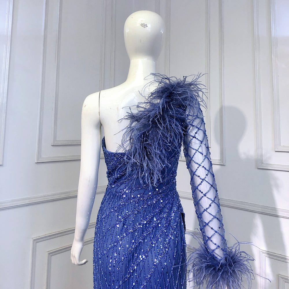 Serene Hill Blue One Shoulder Mermaid Evening Dresses Gowns 2025 Beaded Feather Elegant Luxury For Women Party LA71612 - SERENE HILL
