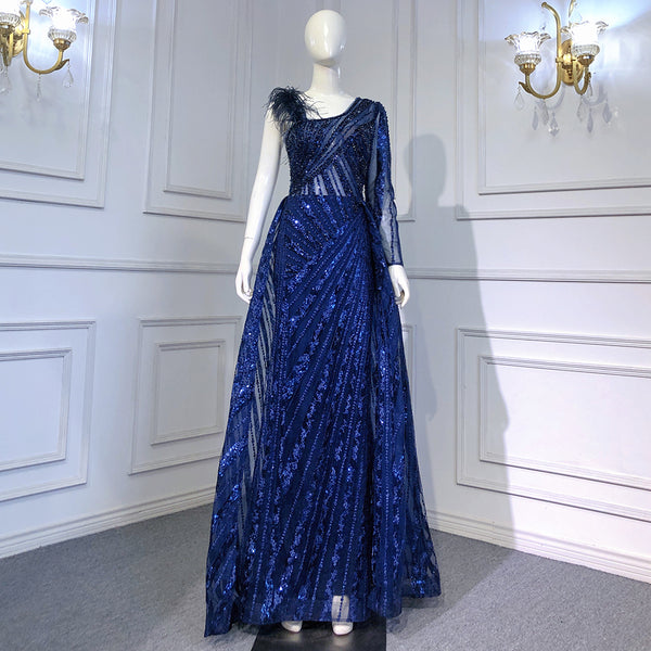 Serene Hill Blue Overskirt Mermaid Evening Dresses Gowns 2025 Beaded Elegant Luxury One Shoulder For Women Party LA71608