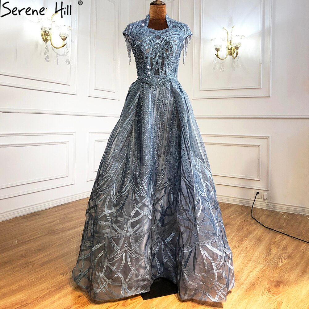 Serene Hill Blue Plus size Lace Beaded Luxury A-Line Evening Dresses Gowns 2025 Tassel Sexy For Women Party LA70969 - SERENE HILL