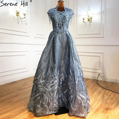 Serene Hill Blue Plus size Lace Beaded Luxury A-Line Evening Dresses Gowns 2025 Tassel Sexy For Women Party LA70969 - SERENE HILL