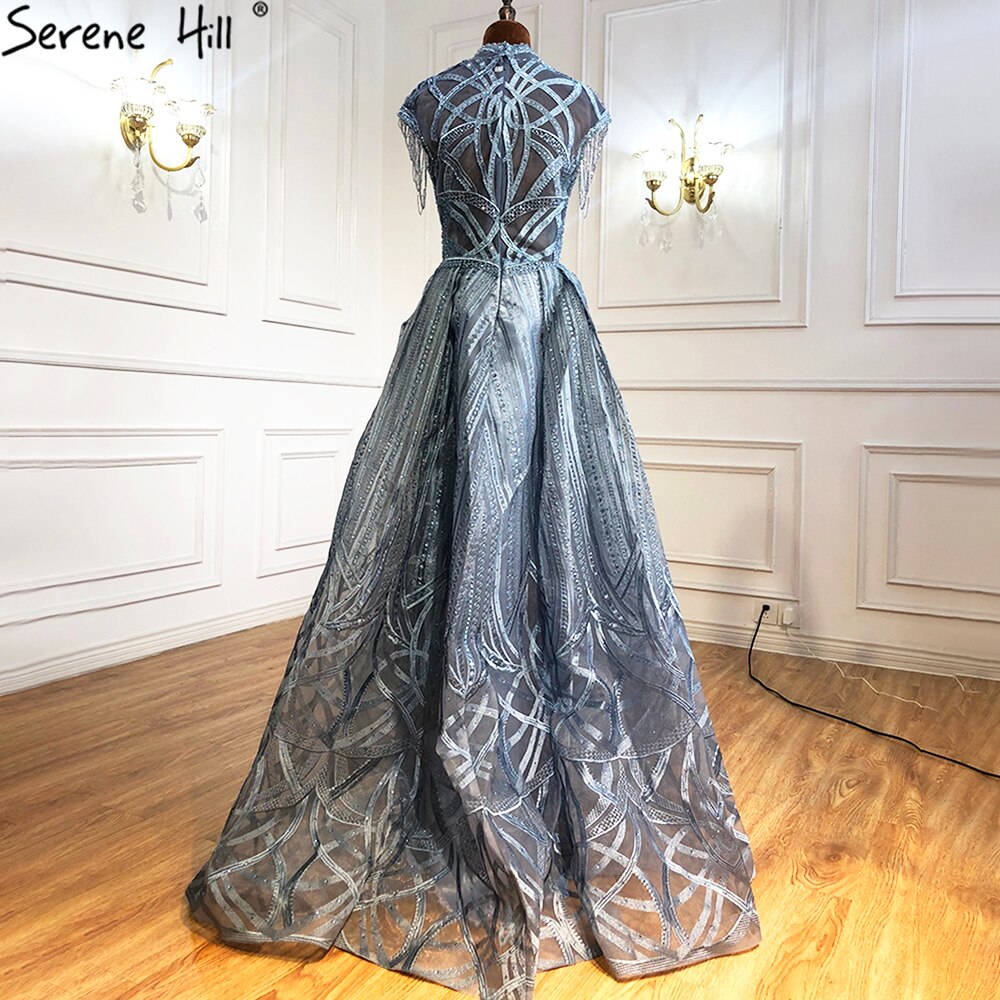 Serene Hill Blue Plus size Lace Beaded Luxury A-Line Evening Dresses Gowns 2025 Tassel Sexy For Women Party LA70969 - SERENE HILL