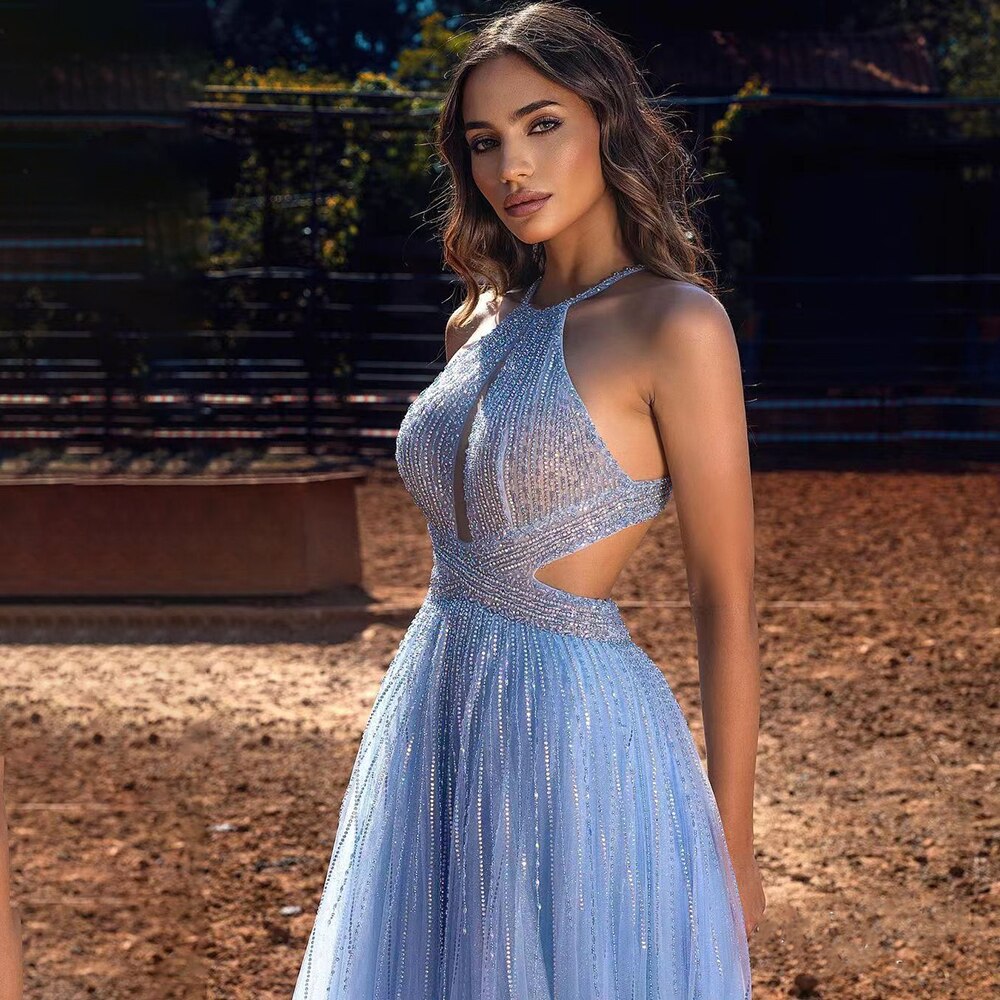 Serene Hill Blue Sexy A-Line 2025 Beaded Halter Graduation School Party Gown Celebrity Prom Dresses LA71882 Blue / 2