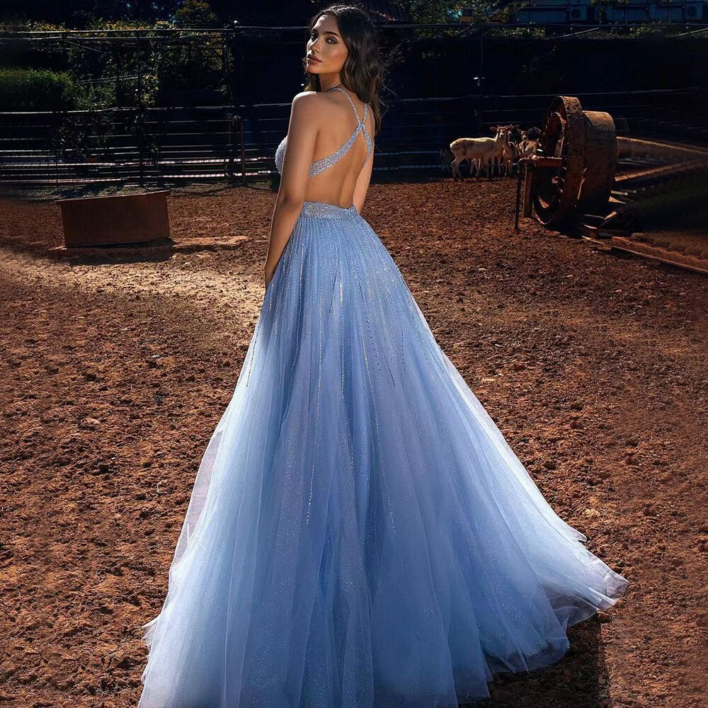 Serene Hill Blue Sexy A-Line 2025 Beaded Halter Graduation School Party Gown Celebrity Prom Dresses LA71882 Blue / 2 Serene Hill Blue Sexy A-Line 2025 Beaded Halter Graduation School Party Gown Celebrity Prom Dresses LA71882 Blue / 2