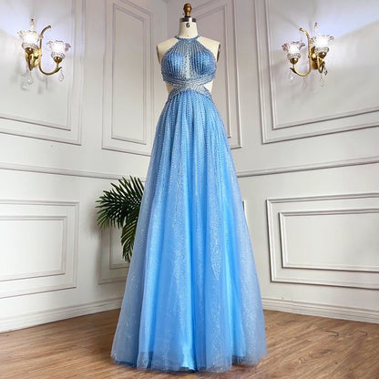 Serene Hill Blue Sexy A-Line 2025 Beaded Halter Graduation School Party Gown Celebrity Prom Dresses LA71882 - SERENE HILL