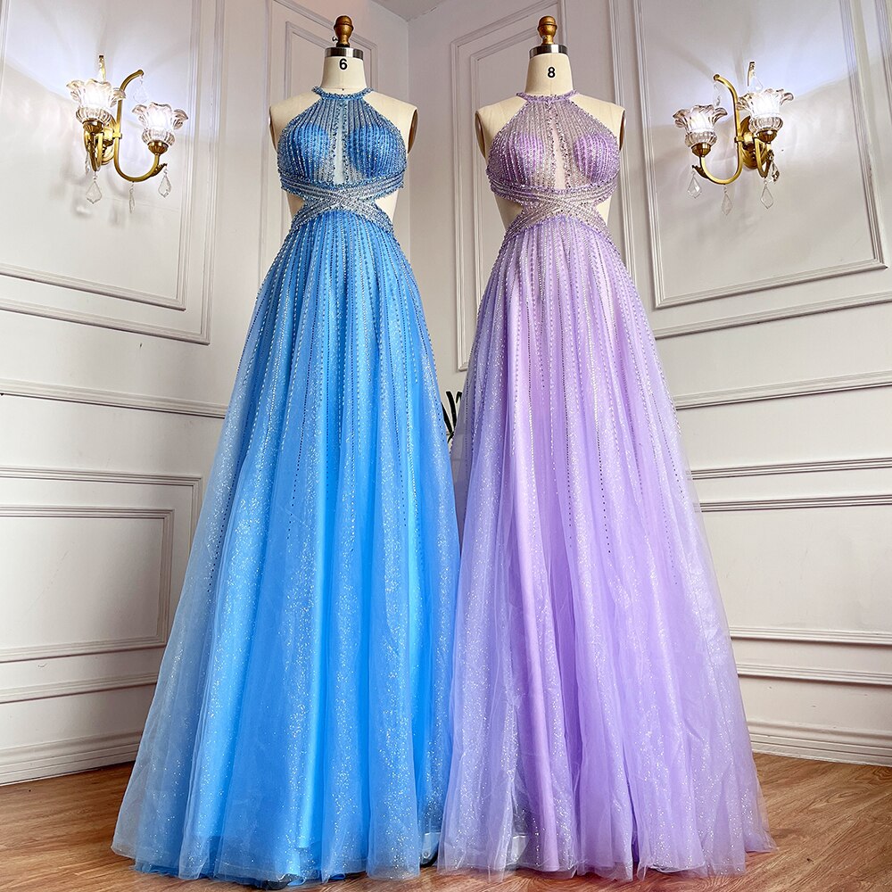 Serene Hill Blue Sexy A-Line 2025 Beaded Halter Graduation School Party Gown Celebrity Prom Dresses LA71882 Blue / 2