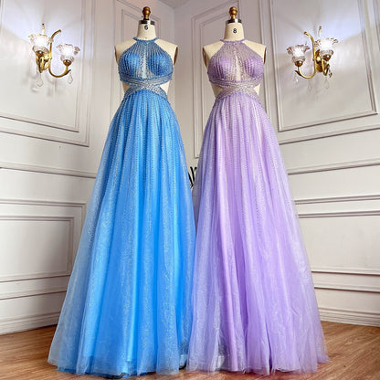 Serene Hill Blue Sexy A-Line 2025 Beaded Halter Graduation School Party Gown Celebrity Prom Dresses LA71882 - SERENE HILL