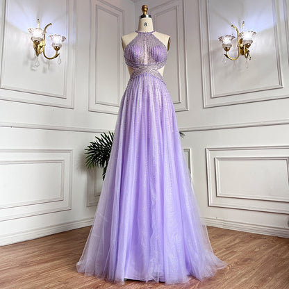 Serene Hill Blue Sexy A-Line 2025 Beaded Halter Graduation School Party Gown Celebrity Prom Dresses LA71882 - SERENE HILL