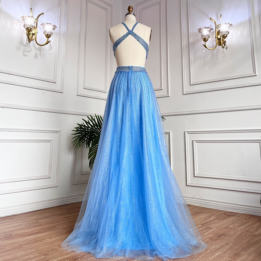 halter prom dress 2023 Serene Hill Blue Sexy A-Line 2025 Beaded Halter Graduation School Party Gown Celebrity Prom Dresses LA71882 Blue / 2