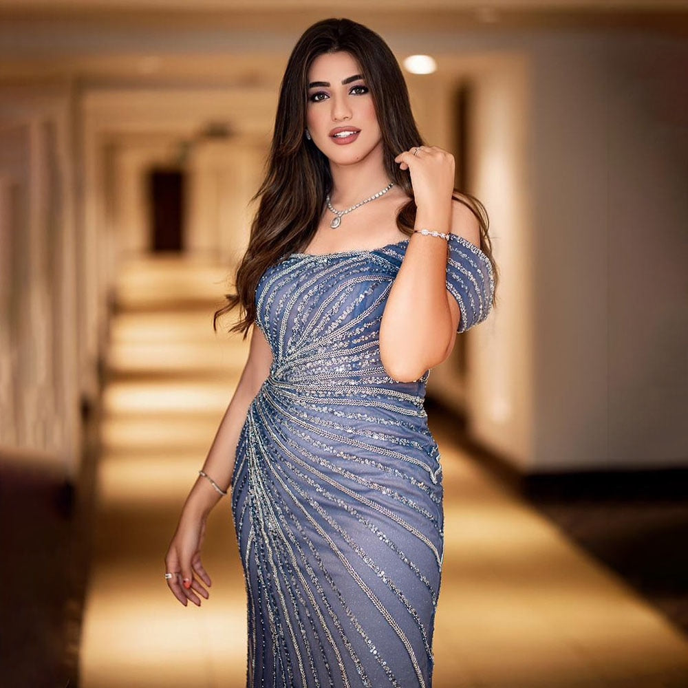 Serene Hill Blue Sexy Boat Neck Split Mermaid Elegant Beaded Arabic Evening Dresses Gowns For Woman Wedding Party 2025 LA71858 - SERENE HILL