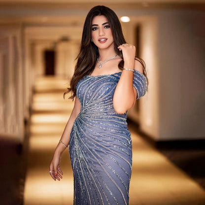 Serene Hill Blue Sexy Boat Neck Split Mermaid Elegant Beaded Arabic Evening Dresses Gowns For Woman Wedding Party 2025 LA71858 - SERENE HILL