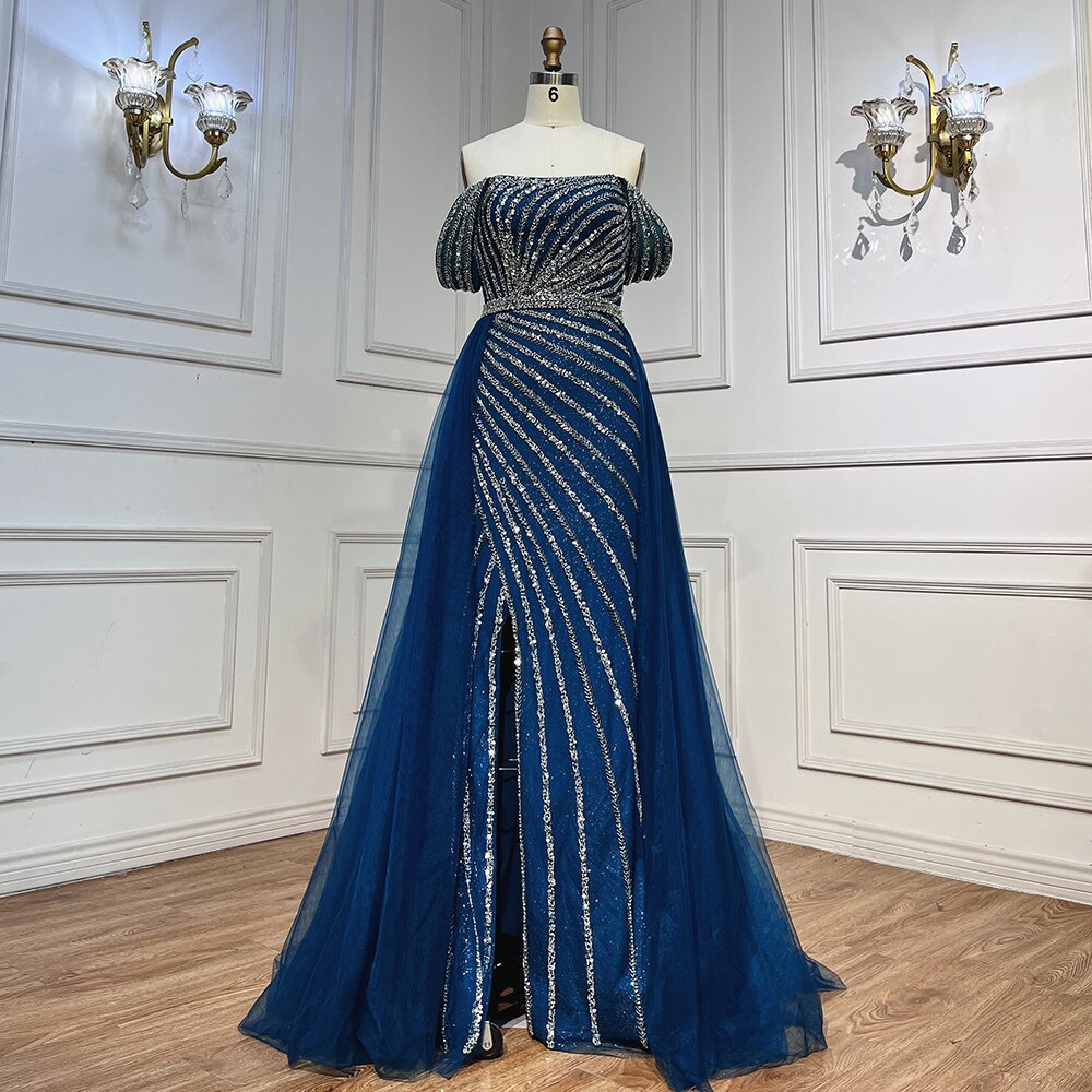 Serene Hill Blue Sexy Boat Neck Split Mermaid Elegant Beaded Arabic Evening Dresses Gowns For Woman Wedding Party 2025 LA71858 - SERENE HILL