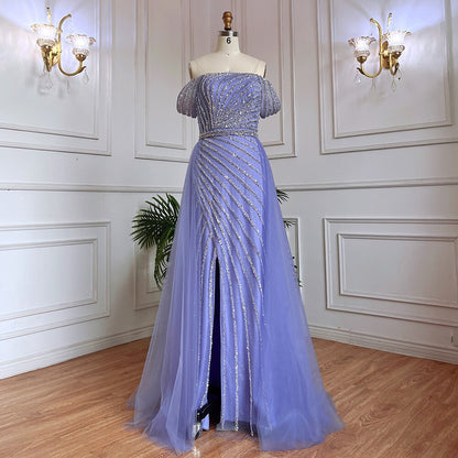 Serene Hill Blue Sexy Boat Neck Split Mermaid Elegant Beaded Arabic Evening Dresses Gowns For Woman Wedding Party 2025 LA71858 - SERENE HILL