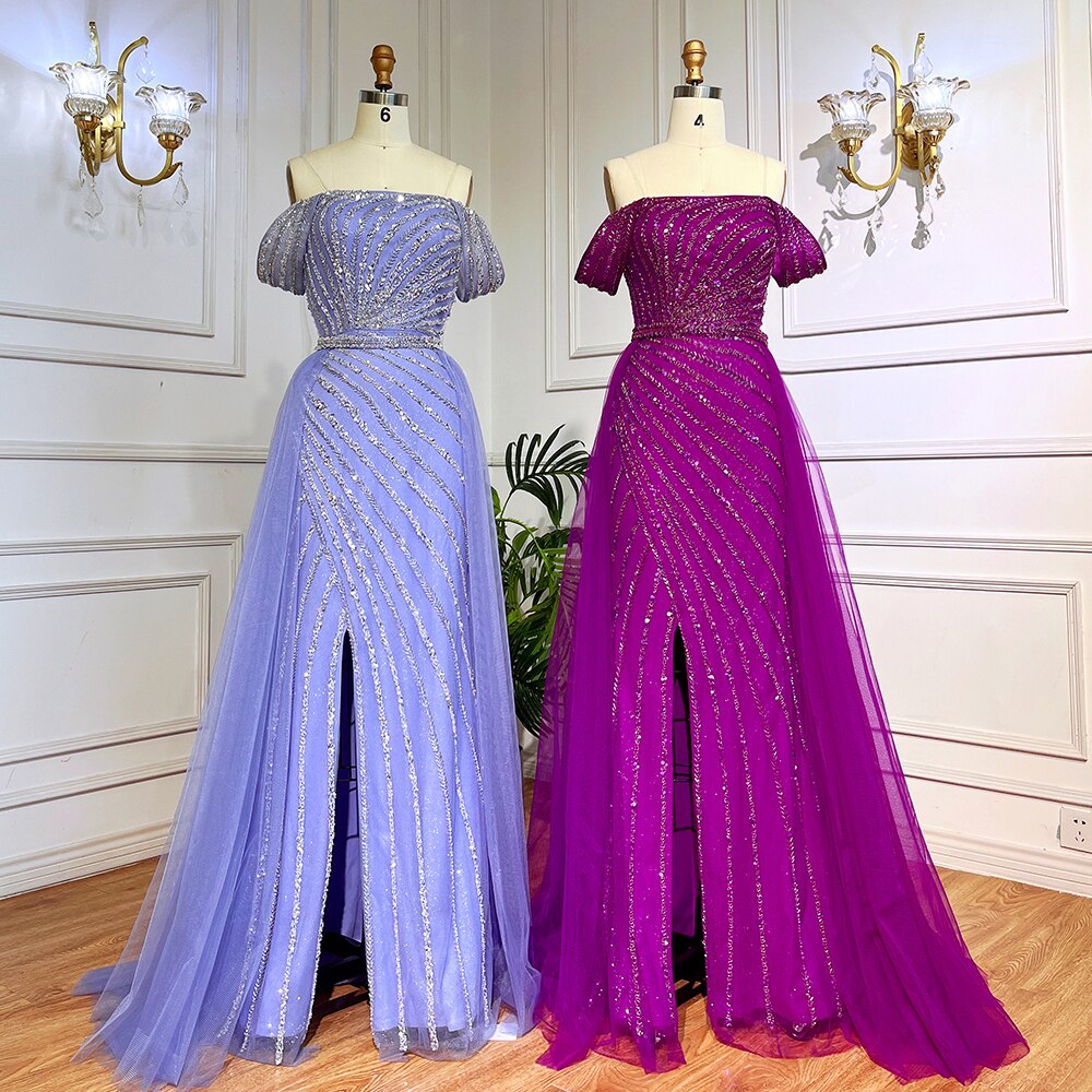 Serene Hill Blue Sexy Boat Neck Split Mermaid Elegant Beaded Arabic Evening Dresses Gowns For Woman Wedding Party 2025 LA71858 - SERENE HILL
