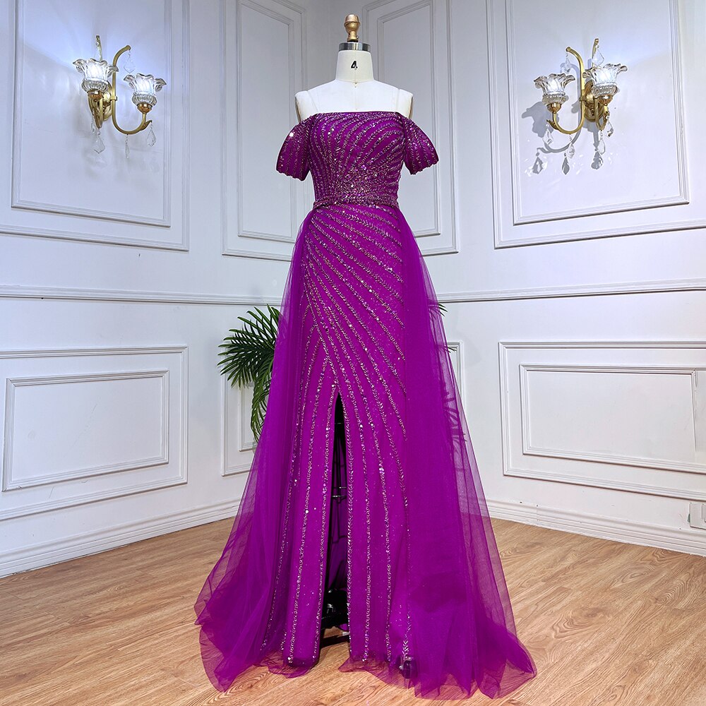 Serene Hill Blue Sexy Boat Neck Split Mermaid Elegant Beaded Arabic Evening Dresses Gowns For Woman Wedding Party 2025 LA71858 - SERENE HILL
