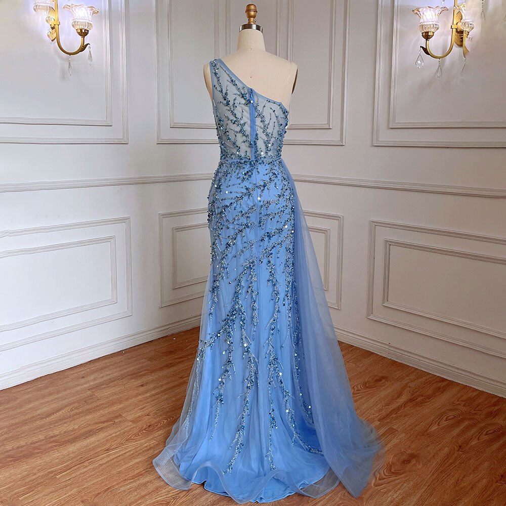 Serene Hill Blue Sexy One Shoulder Mermaid Elegant Beaded Arabic Evening Dresses Gowns For Woman Wedding Party 2025 LA71653B - SERENE HILL