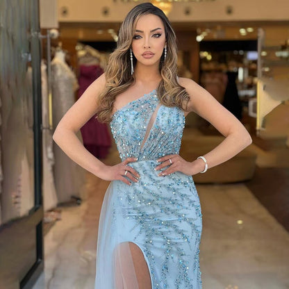 Serene Hill Blue Sexy One Shoulder Mermaid Elegant Beaded Arabic Evening Dresses Gowns For Woman Wedding Party 2025 LA71653B - SERENE HILL