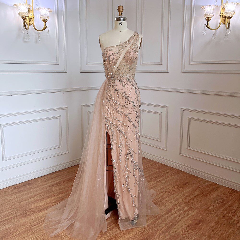 Serene Hill Blue Sexy One Shoulder Mermaid Elegant Beaded Arabic Evening Dresses Gowns For Woman Wedding Party 2025 LA71653B - SERENE HILL