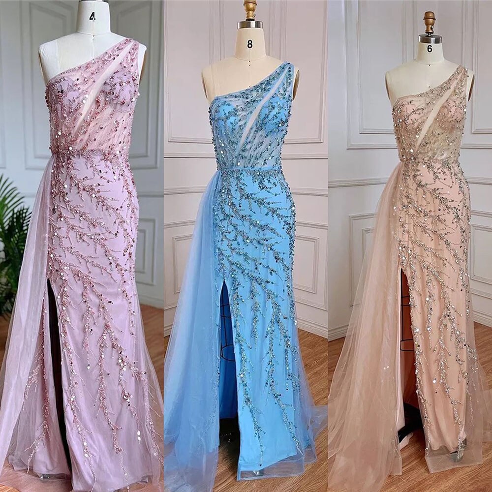 Serene Hill Blue Sexy One Shoulder Mermaid Elegant Beaded Arabic Evening Dresses Gowns For Woman Wedding Party 2025 LA71653B - SERENE HILL