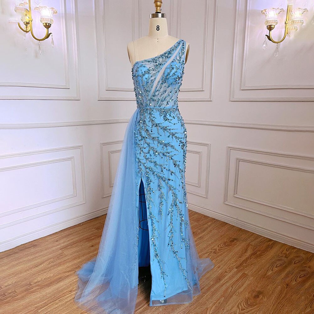 Serene Hill Blue Sexy One Shoulder Mermaid Elegant Beaded Arabic Evening Dresses Gowns For Woman Wedding Party 2025 LA71653B - SERENE HILL