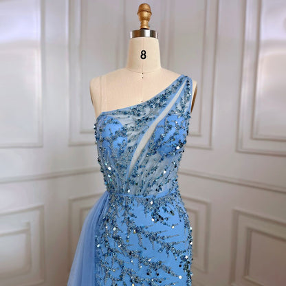 Serene Hill Blue Sexy One Shoulder Mermaid Elegant Beaded Arabic Evening Dresses Gowns For Woman Wedding Party 2025 LA71653B - SERENE HILL