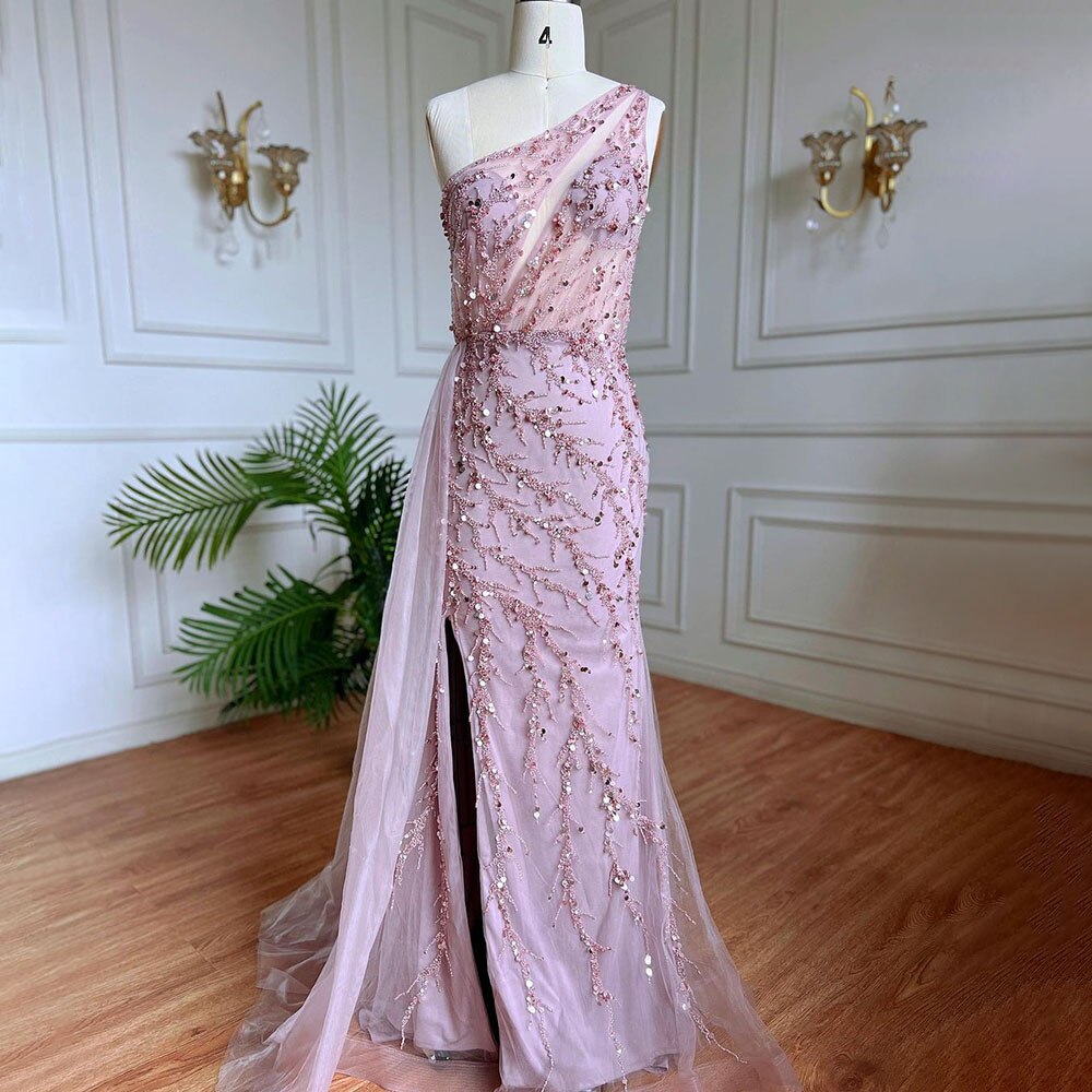 Serene Hill Blue Sexy One Shoulder Mermaid Elegant Beaded Arabic Evening Dresses Gowns For Woman Wedding Party 2025 LA71653B - SERENE HILL