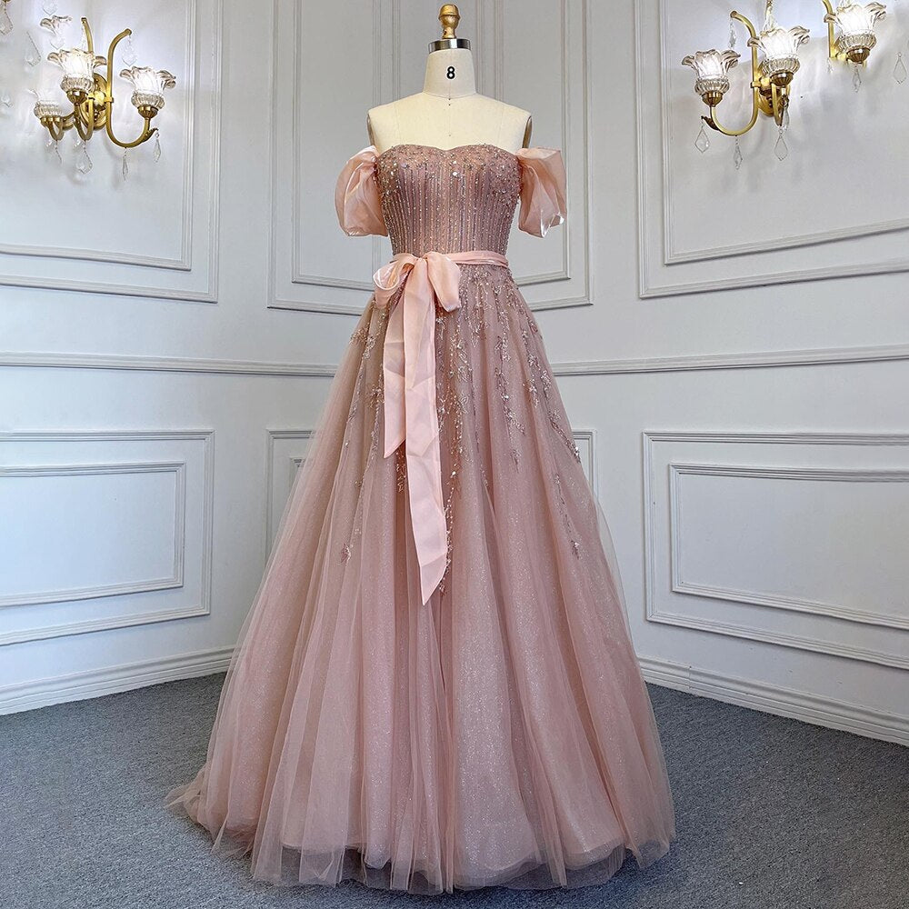 Serene Hill Blush Pink A-Line Sexy Off Shoulder Arabic Beading Crystal Luxury Evening Dress Women Formal Prom Dresse LA71745 - SERENE HILL