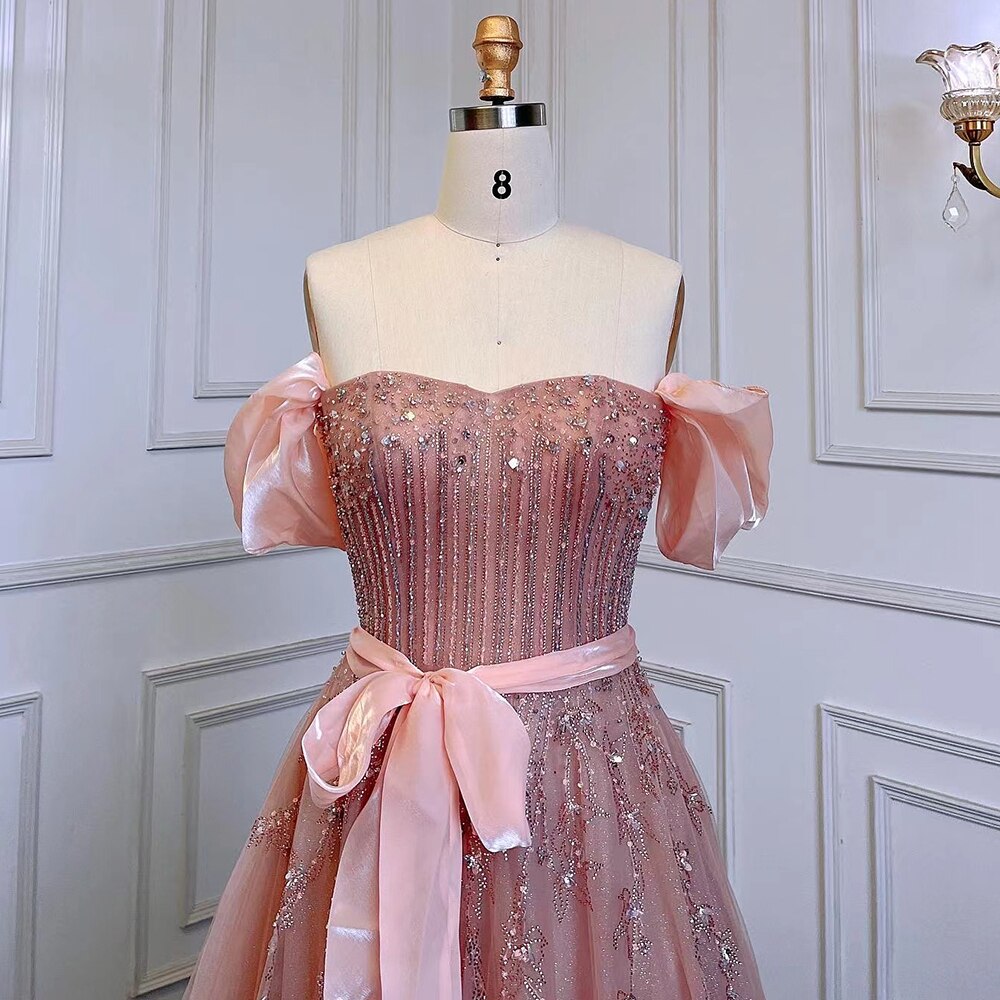 Serene Hill Blush Pink A-Line Sexy Off Shoulder Arabic Beading Crystal Luxury Evening Dress Women Formal Prom Dresse LA71745 - SERENE HILL