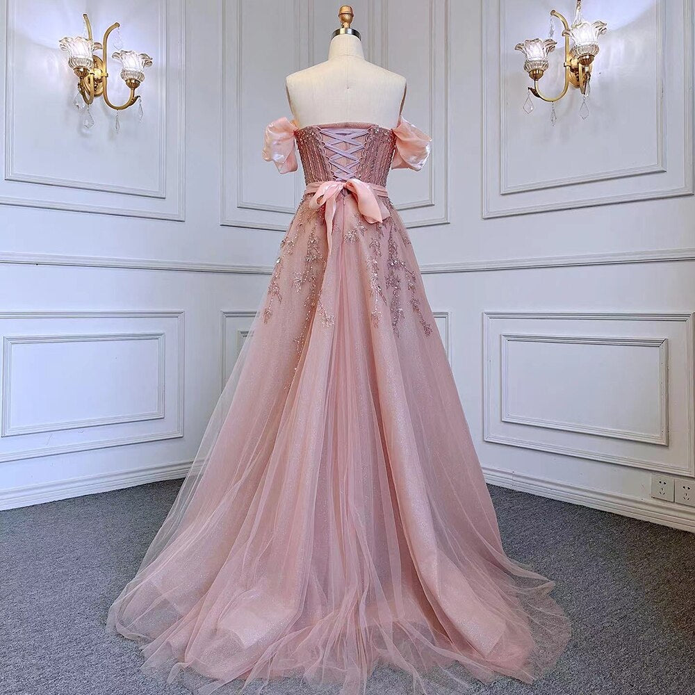 Serene Hill Blush Pink A-Line Sexy Off Shoulder Arabic Beading Crystal Luxury Evening Dress Women Formal Prom Dresse LA71745 - SERENE HILL