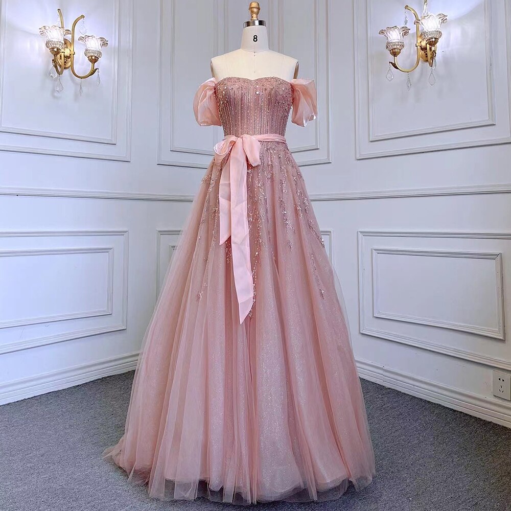 Serene Hill Blush Pink A-Line Sexy Off Shoulder Arabic Beading Crystal Luxury Evening Dress Women Formal Prom Dresse LA71745 - SERENE HILL