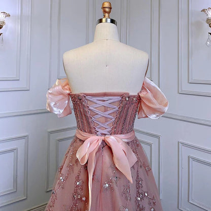 Serene Hill Blush Pink A-Line Sexy Off Shoulder Arabic Beading Crystal Luxury Evening Dress Women Formal Prom Dresse LA71745 - SERENE HILL