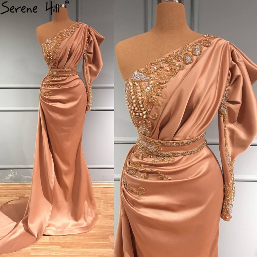 Serene Hill Blush Pink Mermiad Satin Evening Dresses Gowns 2025 One Shoulder Elegant Beaded For Women Party LA71200 - SERENE HILL