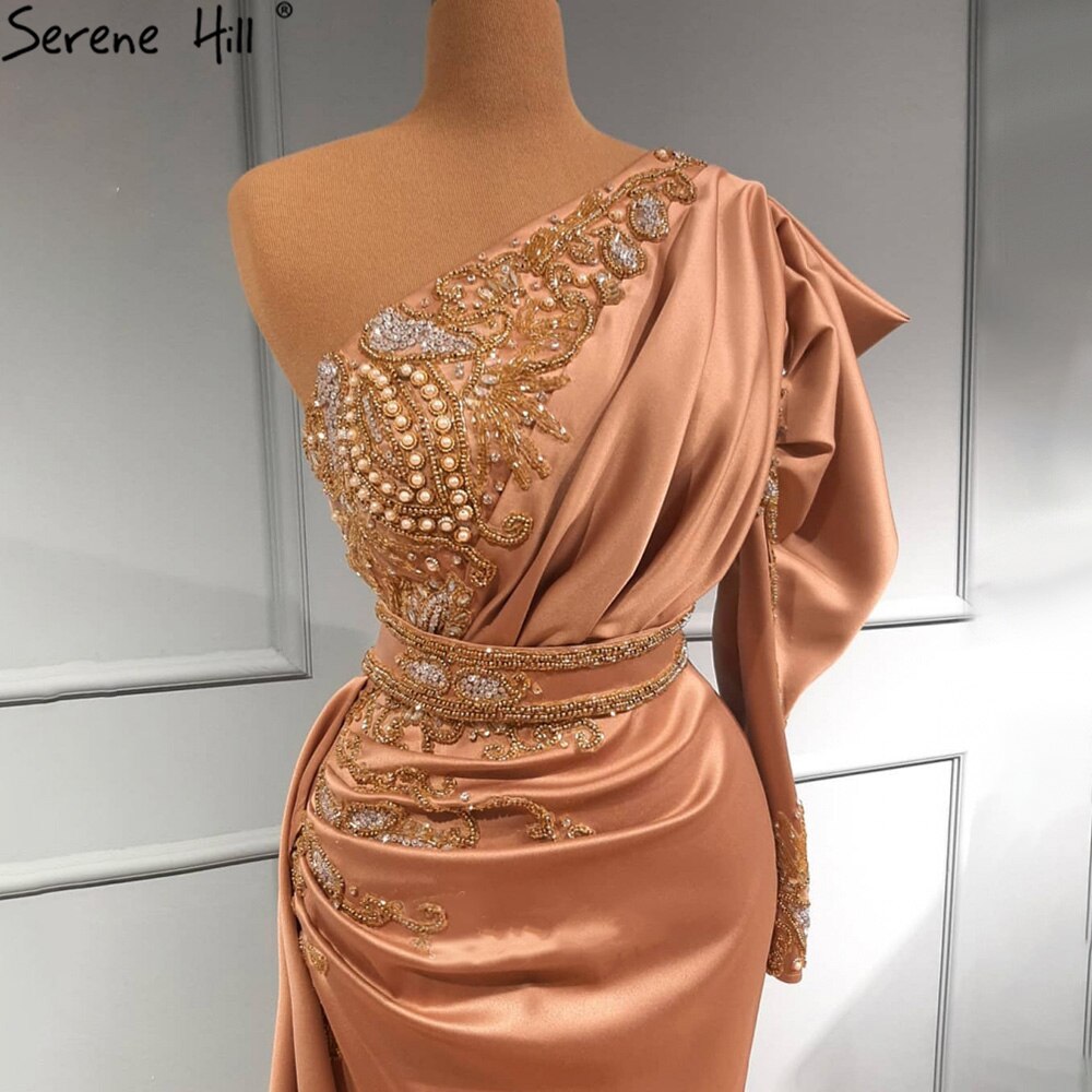 Serene Hill Blush Pink Mermiad Satin Evening Dresses Gowns 2025 One Shoulder Elegant Beaded For Women Party LA71200 - SERENE HILL