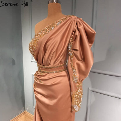 Serene Hill Blush Pink Mermiad Satin Evening Dresses Gowns 2025 One Shoulder Elegant Beaded For Women Party LA71200 - SERENE HILL