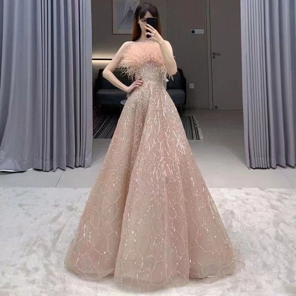 Serene Hill Blush Pink Sleeveless A Line Boat Neck Beaded Luxury Feathers Party Dresses Formal Women Evening 2025 LA71797