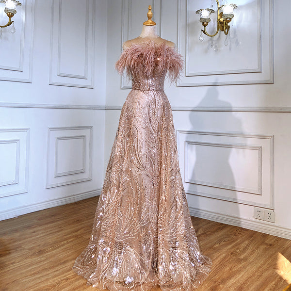 Serene Hill Blush Roze Luxe Avond Jurken 2025 Kralen Feather A-lijn Voor Vrouwen Party LA71560