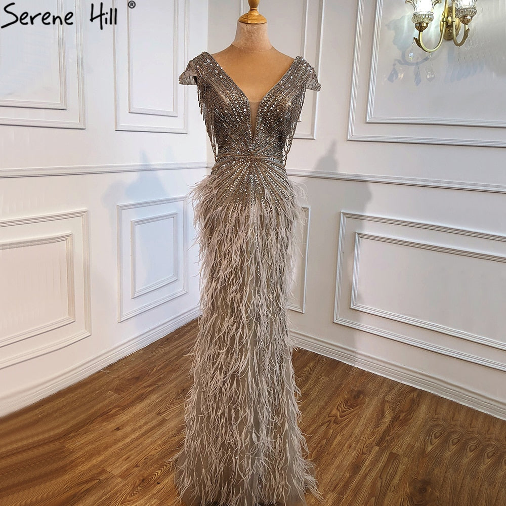 Luxury Brown Mermaid Elegant Beaded Evening Dress Gown with Feathers LA70801 - SERENE HILL